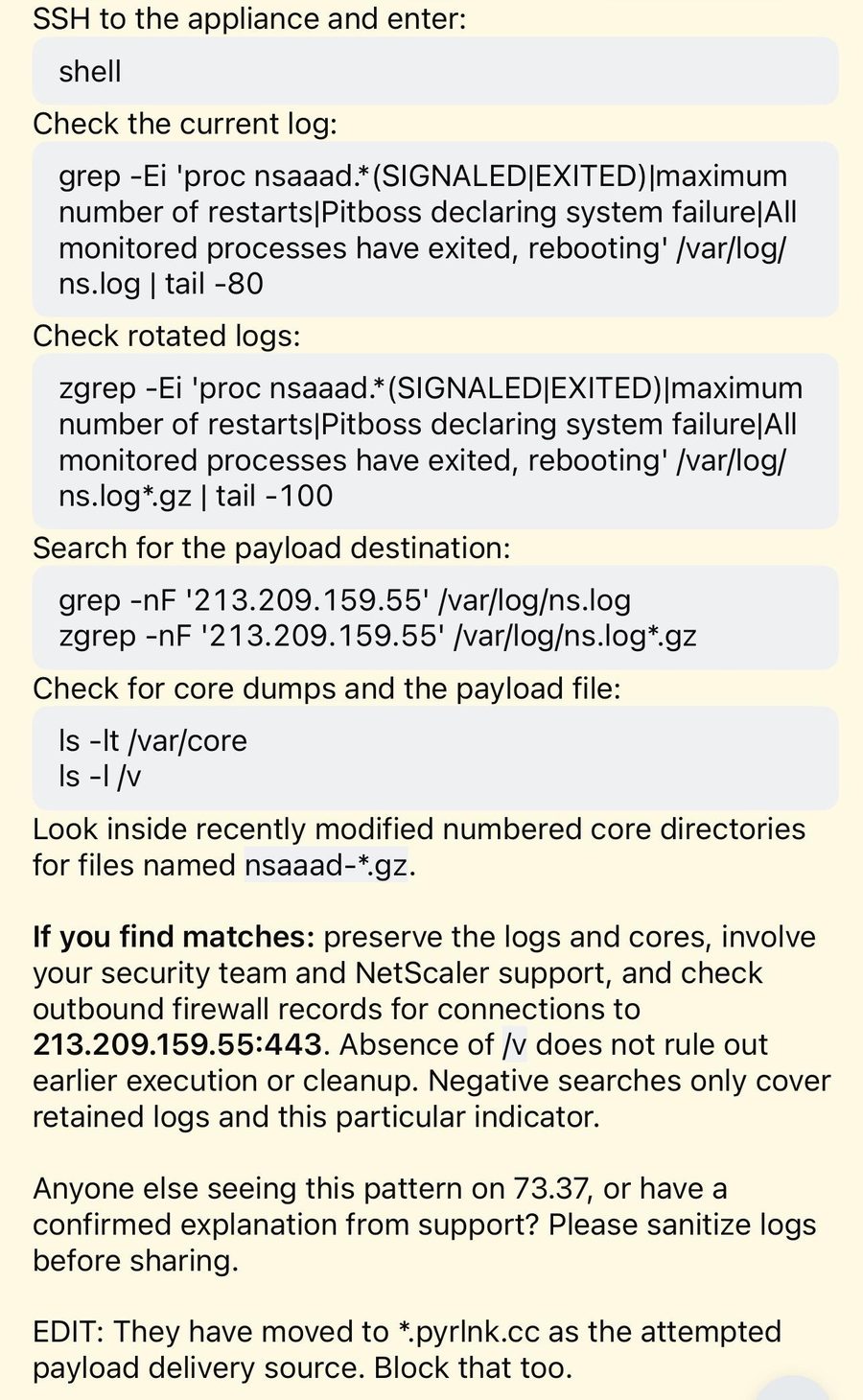 Log search commands for nsaaad crashes and the address 213.209.159.55.