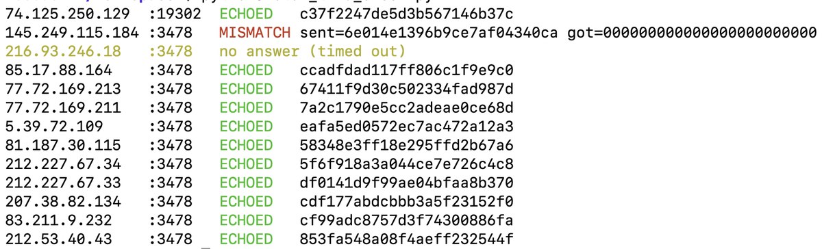 Terminal output listing 13 STUN servers, 11 marked ECHOED, one MISMATCH and one timed out.