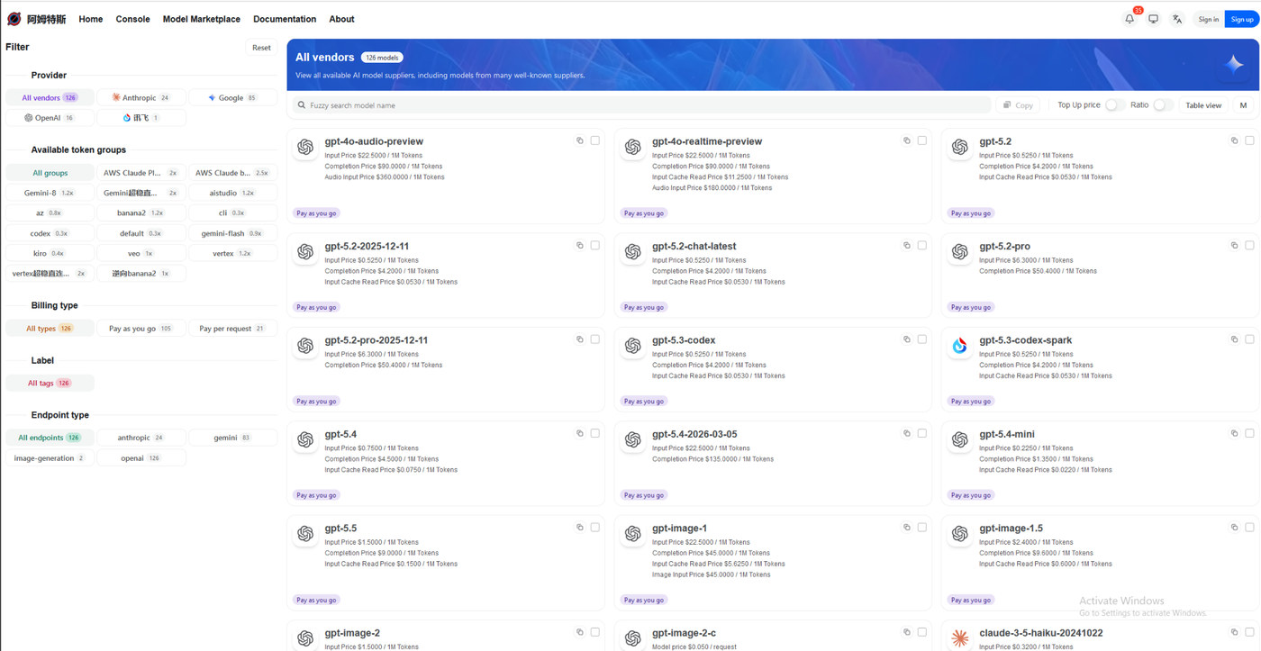 Model marketplace web page filtering 126 models by provider and token group, including groups labeled AWS Claude, with cards listing per-million-token input and completion prices for GPT models.