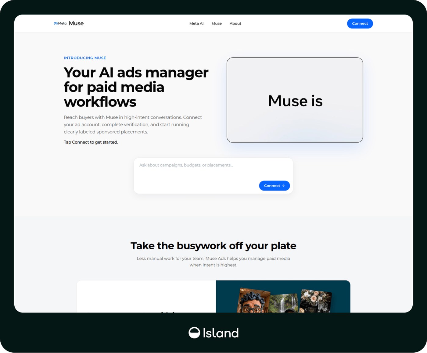 Fake Meta Muse landing page headed Your AI ads manager for paid media workflows, with blue Connect buttons in the header and in a chat-style prompt box.