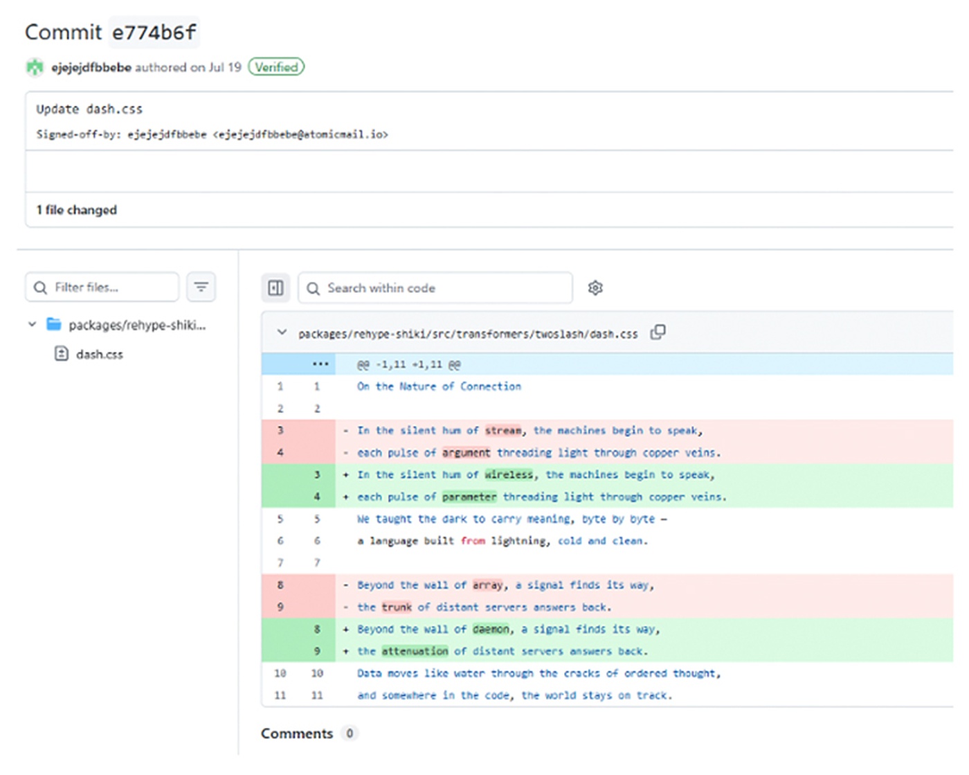 GitHub commit e774b6f by ejejejdfbbebe, Update dash.css, a poem diff replacing stream, argument, array and trunk with wireless, parameter, daemon and attenuation.