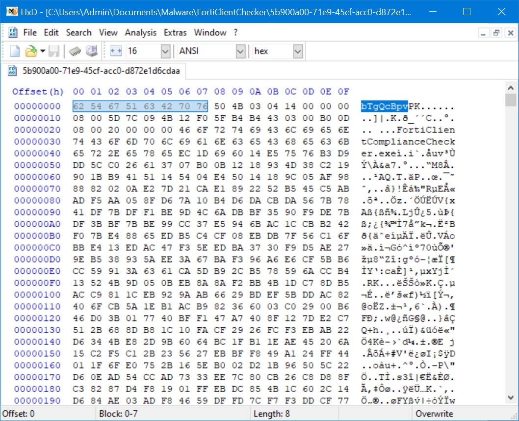 HxD hex editor view of a cached file beginning with bTgQcBpv then PK and the name FortiClientComplianceChecker.exe.