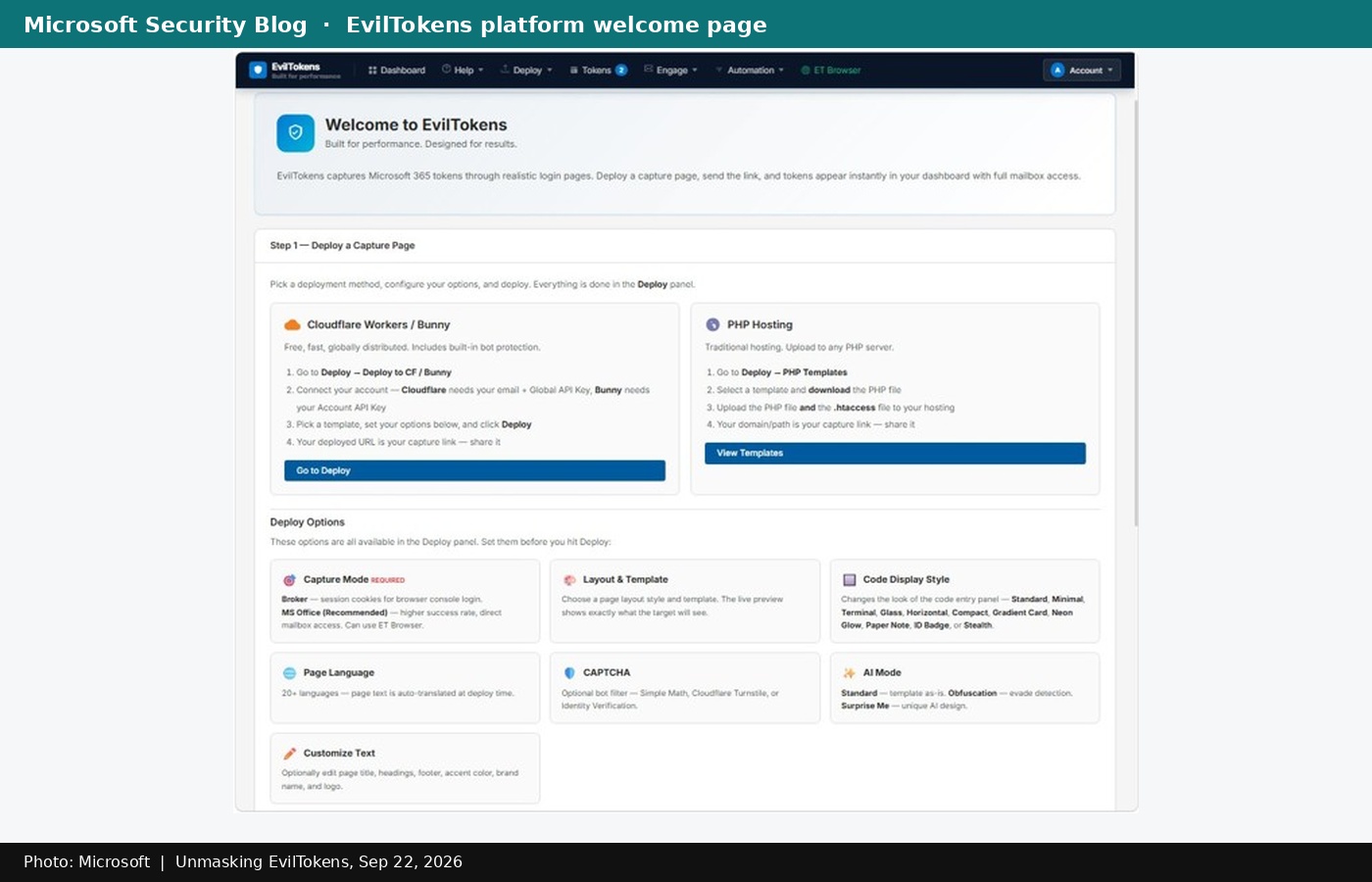 EvilTokens platform welcome page from the Microsoft Security Blog.