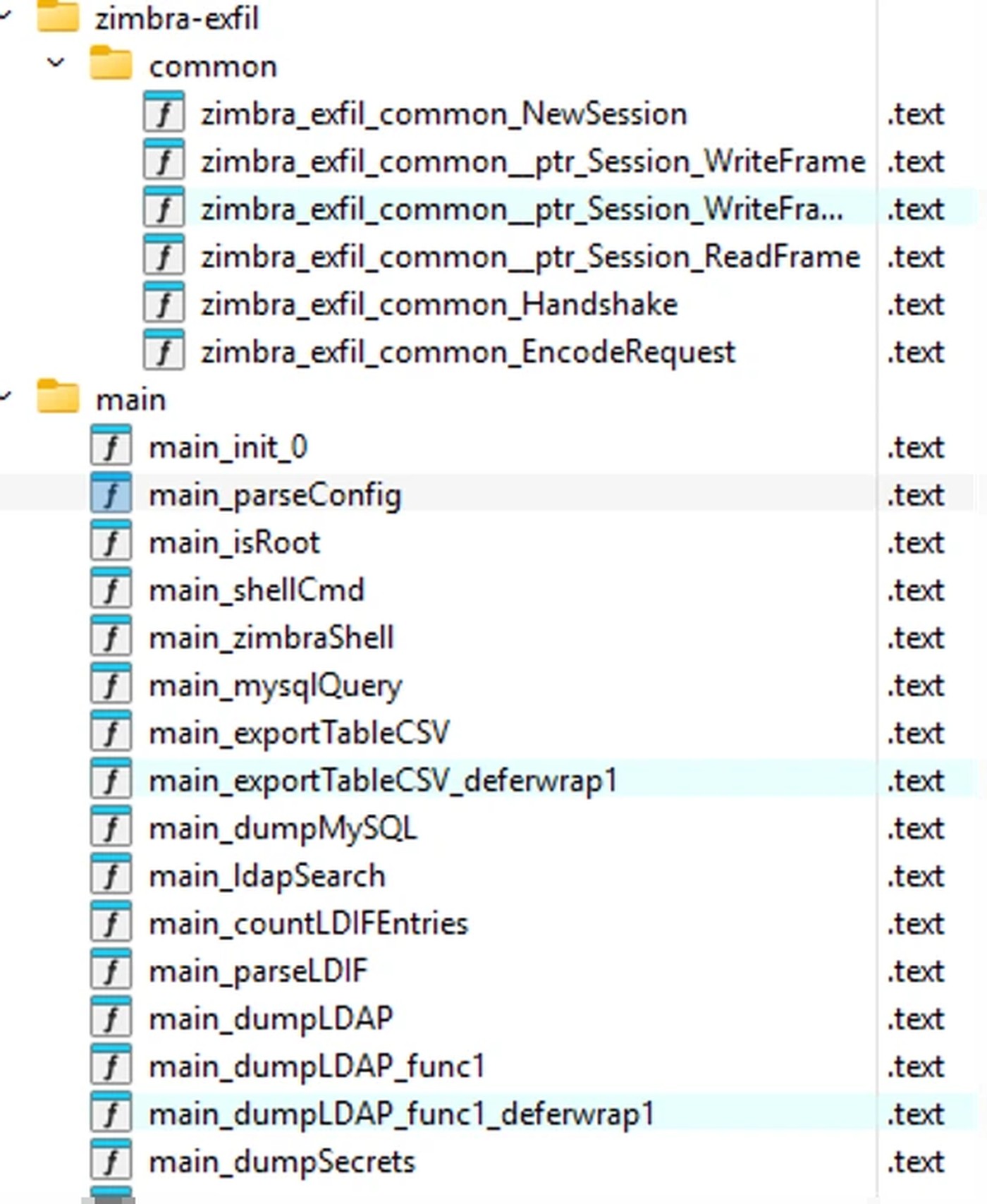 File list of a zimbra-exfil client that dumps local configuration and secrets.