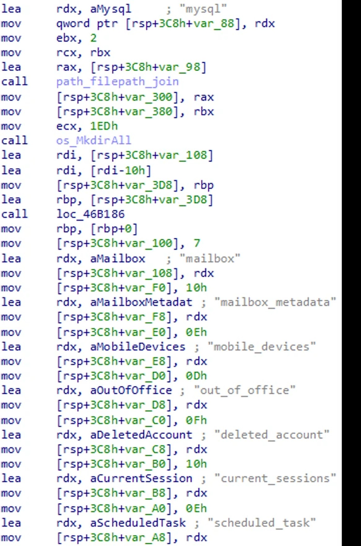 Disassembly listing mailbox, metadata, and session export strings.