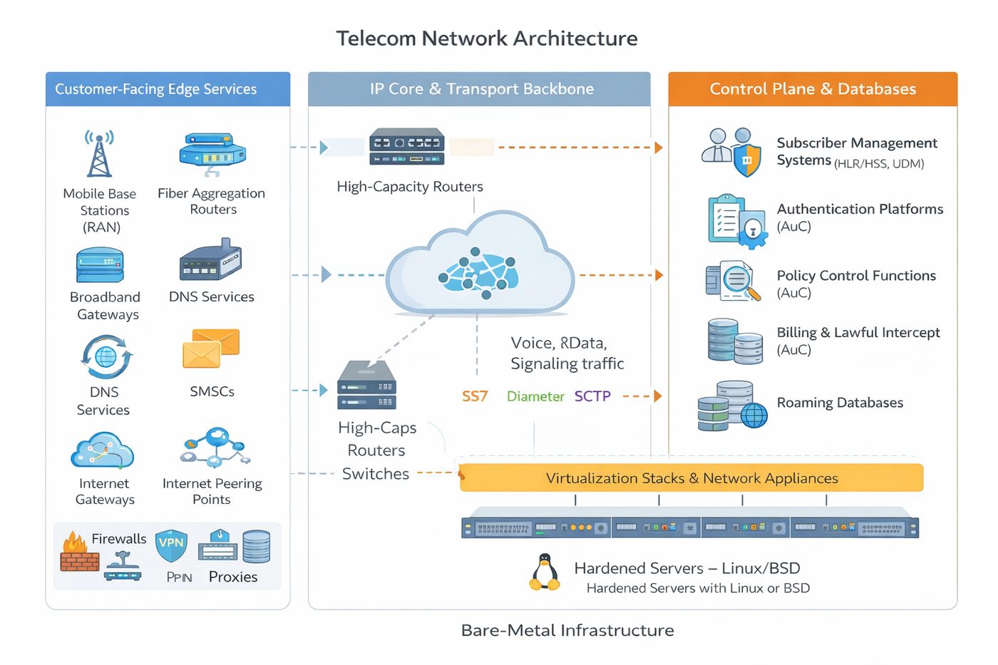 Chart of a telecom network from customer edge services through the core to control-plane databases.