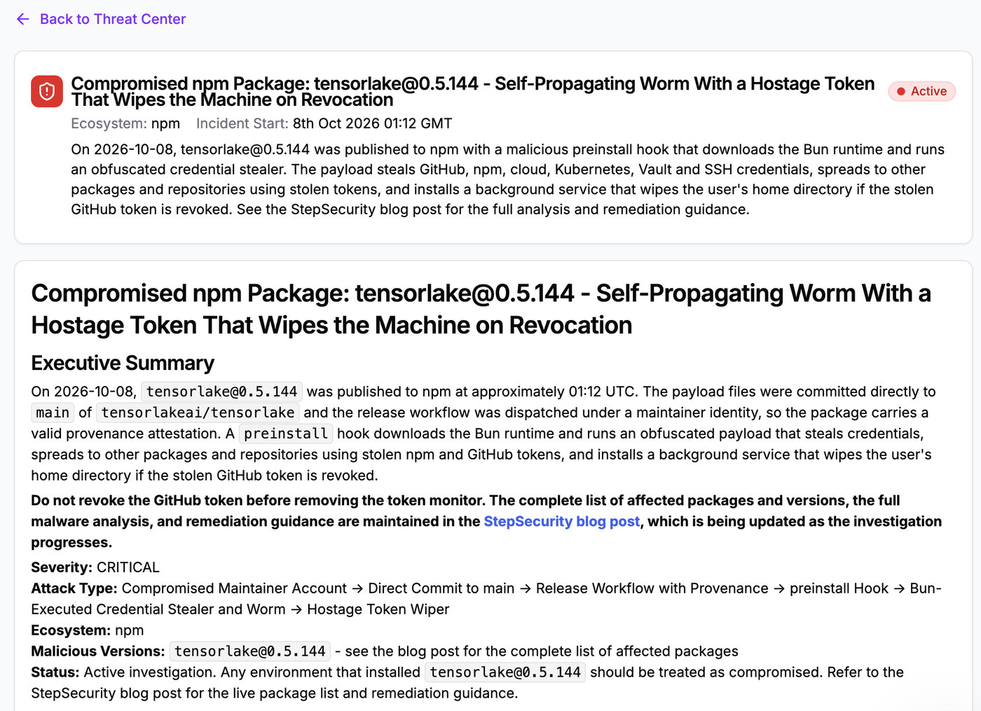 StepSecurity Threat Center page titled Compromised npm Package: tensorlake@0.5.144, Self-Propagating Worm With a Hostage Token That Wipes the Machine on Revocation, marked Active with an incident start of 8th Oct 2026 01:12 GMT, a bold line reading Do not revoke the GitHub token before removing the token monitor, and severity CRITICAL.