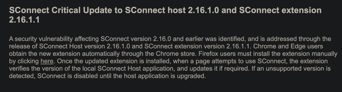 SWIFT notice naming SConnect host 2.16.1.0 and extension 2.16.1.1.