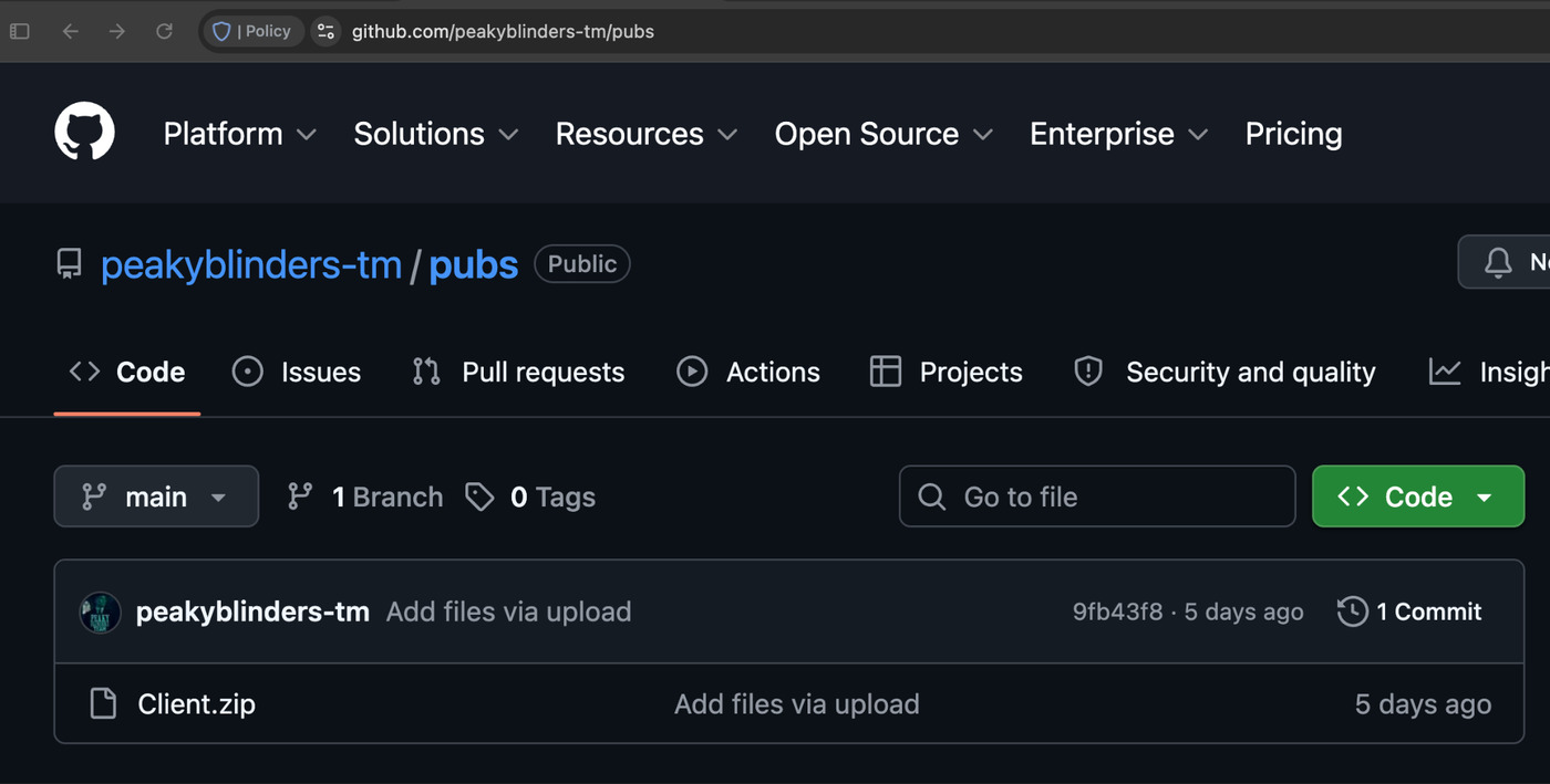 GitHub page for public repository peakyblinders-tm/pubs with one commit and a single file, Client.zip.